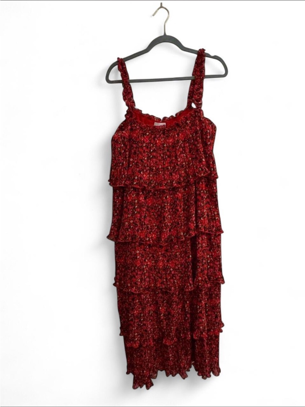 Ganni Racing Red Floral Pleated Maxi Dress